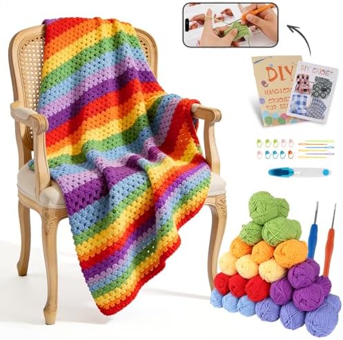 HUYEIOBGD Crochet Blanket Kit for Beginners – Easy Crochet Starter Kit for Adults & Kids, Colorful Rainbow Stripe Yarn, Complete Crochet Supplies with Step-by-Step Video Instructions