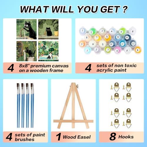 4 Pack Framed Black Cat Paint by Numbers Kits for Adults with Easel (8x8in)