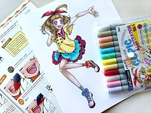 Copic Ciao Illustration Book Bundle Set, Alcohol-Based Markers (12 pcs) with an Instruction Book