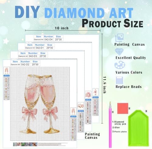XUNLURY Pink Coquette Bow Diamond Art Kits 4 Pcs, Romantic Vintage Book Car Champagne Diamond Painting Kits for Adults Girls Beginners, Full Drill Diamonds Dots for Home Decor, 9.8x11.8 Inch