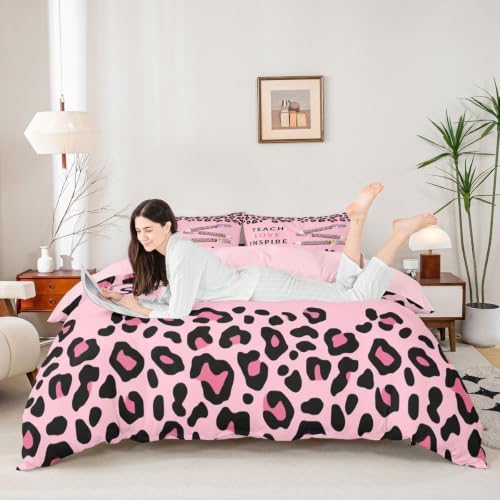 Erosebridal Pink Leopard Duvet Cover Full Size Floral Leopard Pencil Bedding Set for Kids Boys Girls Pink Educator Artwork Comforter Cover Boho Aesthetic Bedclothes Room Decor