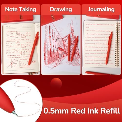 YOXMJDB 6 Pcs Red Ink Pens for Journaling 0.5mm Fine Point Red Gel Ink Pens, Smooth Writing Quick Dry Pen for Note Taking, Gift Set for Women & Men (6 Pcs Red Gold)