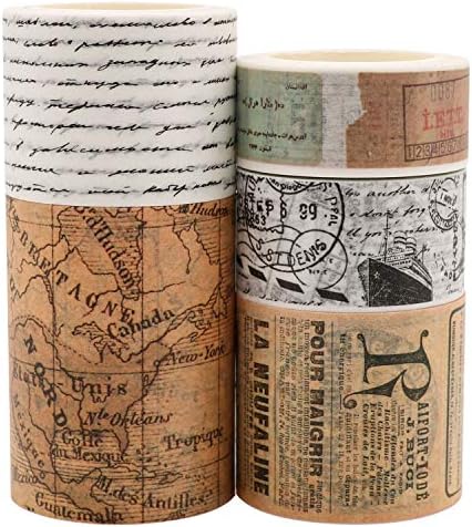 Knaid Vintage Washi Tape Set, Assorted 5 Rolls of Decorative Colored Masking Tapes for Scrapbooking, DIY Decor and Crafts, Bullet Journals, Planners, Junk Journal, Gift Wrapping
