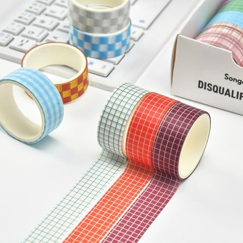 12 Rolls Grid Washi Tape Set Plaid Arts Adhesive Tapes Basic Patterns Decorative Masking Tape Sets for Craft, Kids, Scrapbook, DIY, Gift Wrapping (Style One)