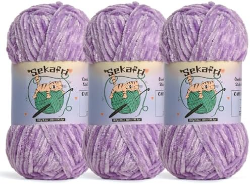 3 Pack of 300g (590yds) Fuzzy Chenille Yarn for Crocheting,Fluffy Amigurumi Crochet Yarn for DIY Craft/Hat/Clothes, Soft Velvet Baby Blanket Yarns（3 Light Purple）