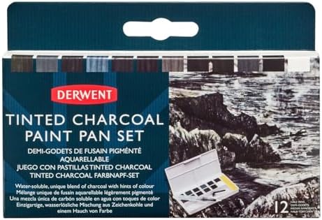 Derwent Tinted Charcoal Paint Pan Set, 12 Paints, Professional Quality, Water Soluble, Blendable, Portable, Includes Palettes, Mini Waterbrush & Cleaning Sponge (2305872)