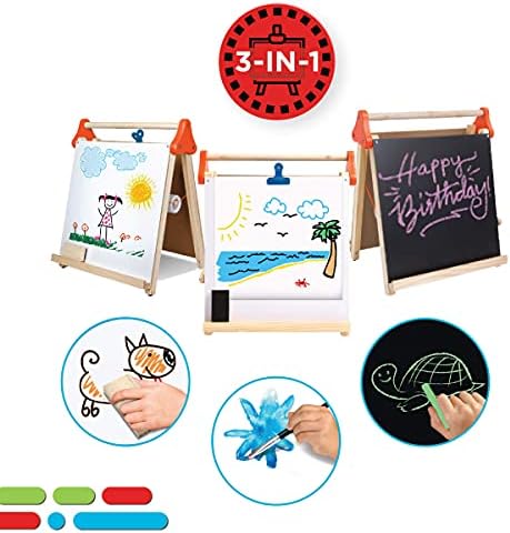 Discovery™ 3-in-1 Tabletop Dry Erase Chalkboard Painting Art Easel, Includes Paper Roll and Oversized Clip, 17 x 15 Inch Wood Frame, Perfect for Children 3+ | Foldable/Portable for Countertop Play