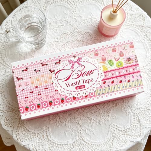 42 Rolls Bow Aesthetic Washi Tape Set with 10 Organizer Cards, Cute Pink Decorative Masking Tape for Journaling, Scrapbooking, Planners, Junk Journal, Gift Wrapping, DIY Crafts and Stationery Supplies