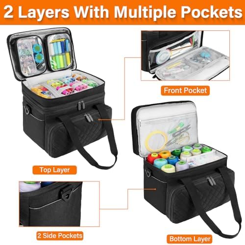 Double Layer Sewing Organizer Bag with Shoulder Strap, Black