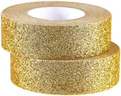 Gold Glitter Washi Tape 2 Rolls, Sparkle Decorative Tape for DIY Crafts Scrapbooking Journaling, Sticky Colored Masking Tape for Art, Wall Decor Gift Wrapping (0.6in x 11Yard)