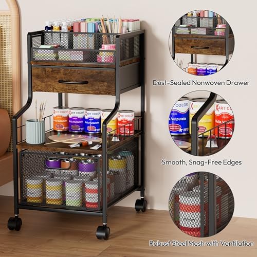 SWTYMIKI Under Desk Storage Cart- Art Storage Cart with Drawers & DIY Divider - Office Cart Organizer Under Desk Shelf, Craft Rolling Cart for Office, Craft Room & Studio Espresso