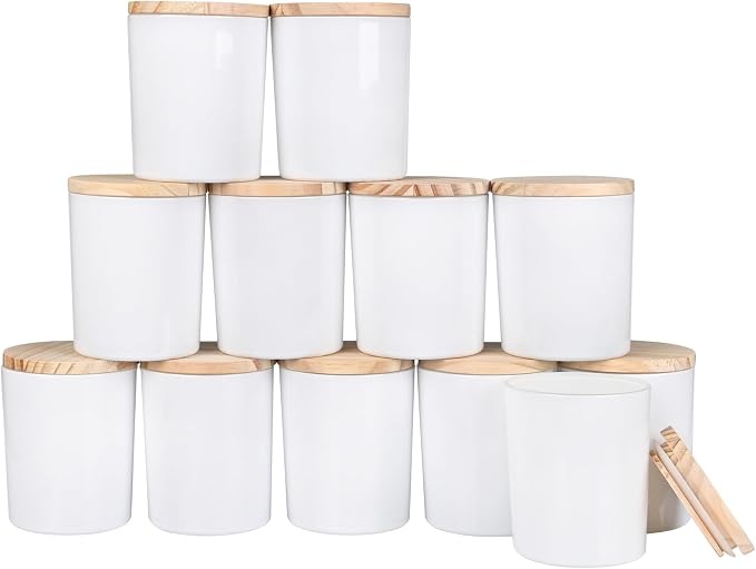 Thick Candle Jars for Making Candles 12 Pcs, 7 OZ Empty Jars with Wood Lids for Candle Making, Sample Container, Glossy White