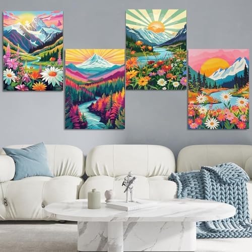 Jethami 4 Pack Landscape Paint by Numbers Kit for Adults with Framed 8x12in | Easy to piant for beginners elderly, with Easel & Magnifying glass, Relaxing & Stress relief, canvas, Home wall decor