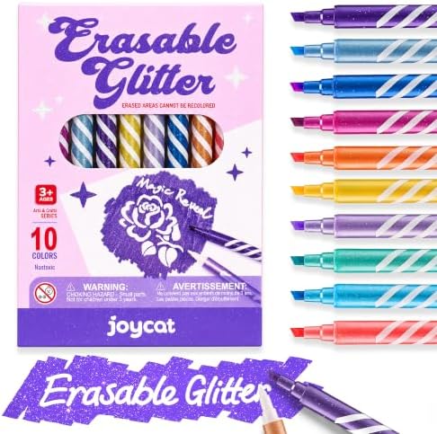 JoyCat 10-Color Erasable Glitter Markers for Kids, Dual Tip Sparkle Pens