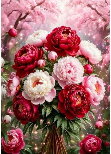 VeGuude Diamond Art Flowers Kits for Adults, Full Drill Peony Flowers Diamond Painting Kits for Beginners, DIY Full Rhinestone 5D Diamond dots (Gemstone Craft), Home Wall Decoration (12x16 inch)