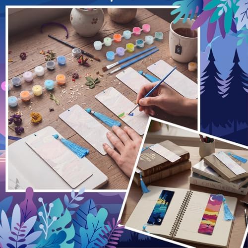 Kosiz 12 Pcs Night Landscape Paint by Number Kit for Adult Wood Bookmark | Mini Paint by Numbers Kit, Painting Decor, Tiny Mountain Tassels Blank Bookmarks, for Small DIY Craft Book Lovers Gift 7x2 ''