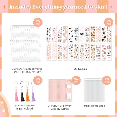 24 Set Bookmark Making Kit, Acrylic Bookmark Blanks with 24 UV DTF Stickers About Halloween Theme and 24Tassels,Blank Bookmarks UV DTF Transfers Stickers for DIY Crafts Hanging Tag Gift Bookmarks DIY