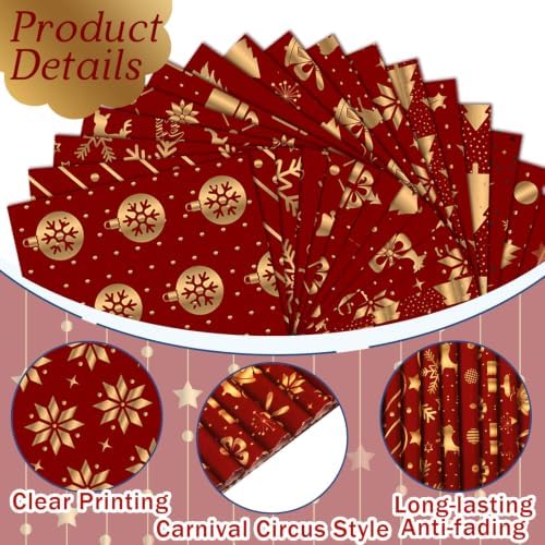 HunnmingRe 20 Pcs 10''x10'' Red Gold Christmas Quilting Fabric Square Winter Precuts Quilted Fabric Bundle Reindeer Snowflake Printed Sewing Material for Patchwork Scrapbook Junk Journal DIY Craft