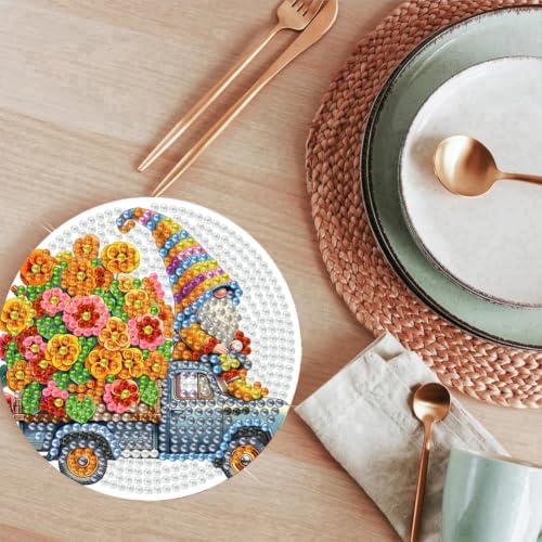 ijbnhd 8 PCS Gnome Diamond Art Coasters Kit 4X4inch (Cork Wooden Pad)