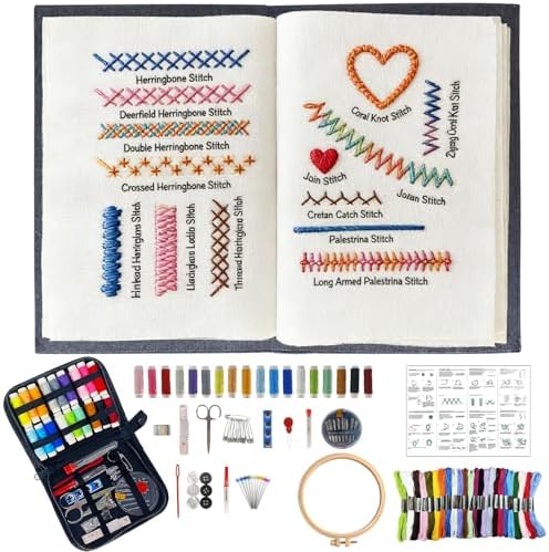 JINSILU Beginner Embroidery Stitch Book Kit, 86-Piece Sewing Tool Set with 24 Colors Floss