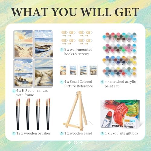 4 Pack Paint by Numbers Kit for Adults with Frame, Beach DIY Painting Kit