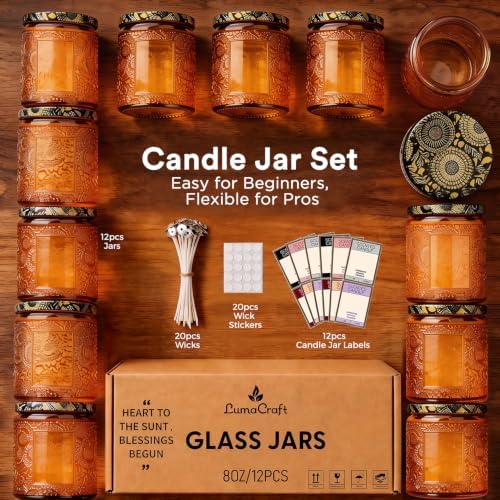 LumaCraft Luxury Embossed Glass Candle Jars for Making Candles - 12 Pack 8oz Empty Candle Containers with Airtight Metal Lids, 20 Wicks & 20 Stickers, Colored Glass Jars for Gifts & Decor
