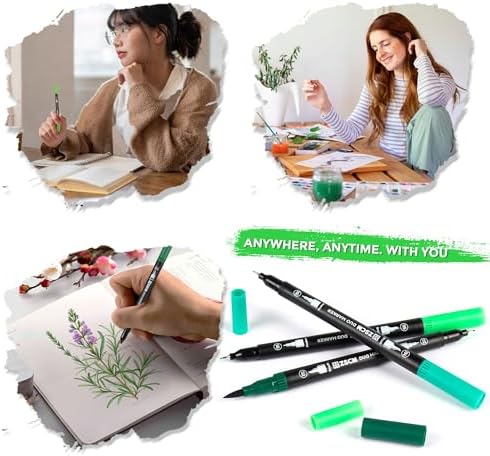 Green Duo Tip Marker Pens, 12 Fine & Brush Tip Pen For Adult Coloring Books
