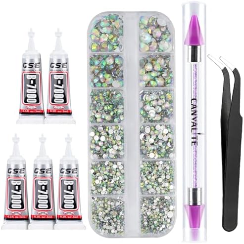 Canvalite 1500PCS Rhinestones Flat Back Gems, Nail Rhinestones Nail Art Gems with Pick Up Tweezers and Rhinestone Picker Dotting Pen, Nail Art Tools for Nails, Clothes, Face, Craft