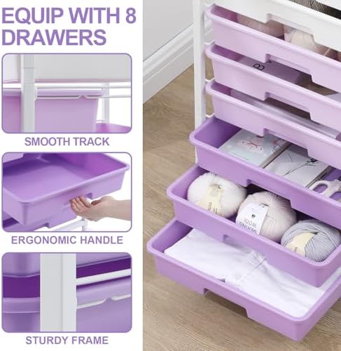 SYKIARIOL Rolling Cart with Drawers,8 Drawers Storage Cart,Purple | Craft Organizers and Storage with Wooden Tabletop for Living Room,Classroom,Bedroom,Bathroom,Dorm,Office
