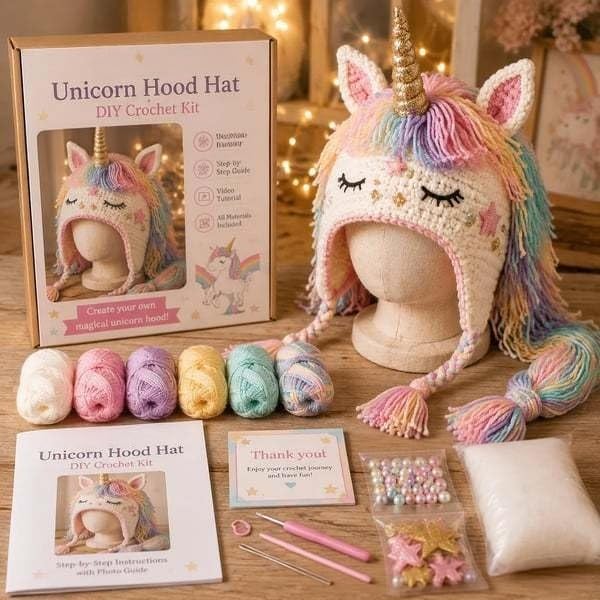 WEERSHUN Fantasy Hood Hat DIY Crochet Kit Series, Animal Hood Hat DIY Crochet Kit for Beginners, Complete Great Experience, Tutorial Guide, Yarn & Hook, Great Birthday Holiday Gift (Unicorn)