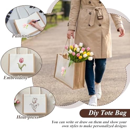 4 Sets Burlap Tote Bag, Jute Tote Bag with Canvas Makeup Pouch Reusable DIY Craft Blank Gift Bags for Wedding Bridesmaid, Shopping, Pool, Wedding (Beige)