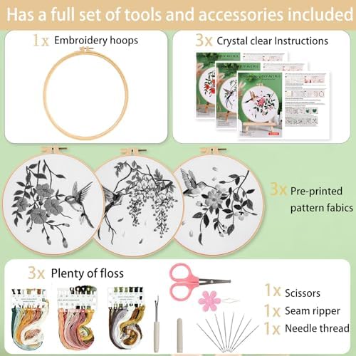 Ohcol 3 Sets Hummingbird Embroidery Kit for Beginners Needlepoint Kits for Adults Cross Stitch Kits with Clear Instructions,Easy Funny Stamped Bird Patterns Fabric Hand Crafts