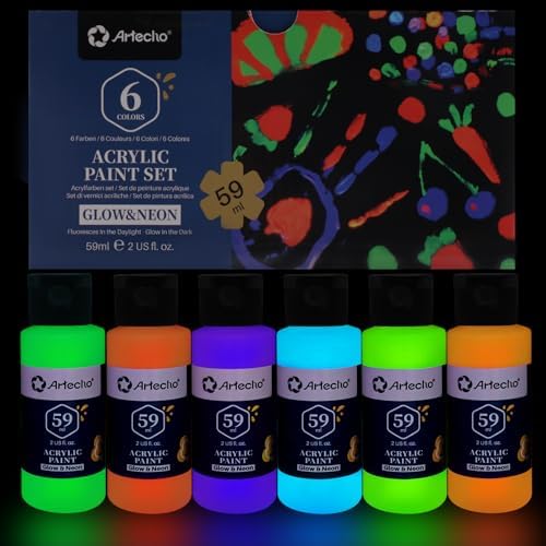 Artecho Glow in the Dark Acrylic Paint Set, 6 Colors x 60ml (2oz) | Non-Toxic Waterproof Art Supplies for Canvas Rock Wood Fabric – Rich Pigment Craft Paint for Adults & Hobbyists