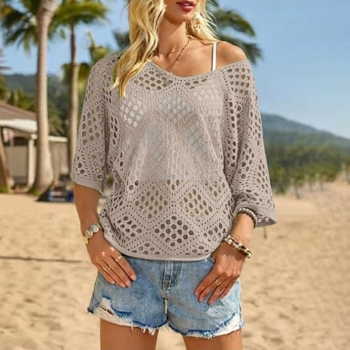 Bohemian Crochet Tops for Women 3/4 Sleeve V-Neck Open Knit Pullover Beach Cover Ups Hollow Out Boho Vacation Blouse
