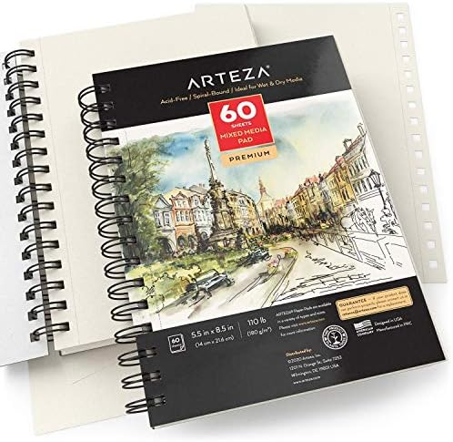 ARTEZA Mixed Media Sketchbook, 5.5 x 8.5 Inches, Pack of 1, 60 Sheets, Micro-Perforated Spiral-Bound Paper Pad for Wet and Dry Media
