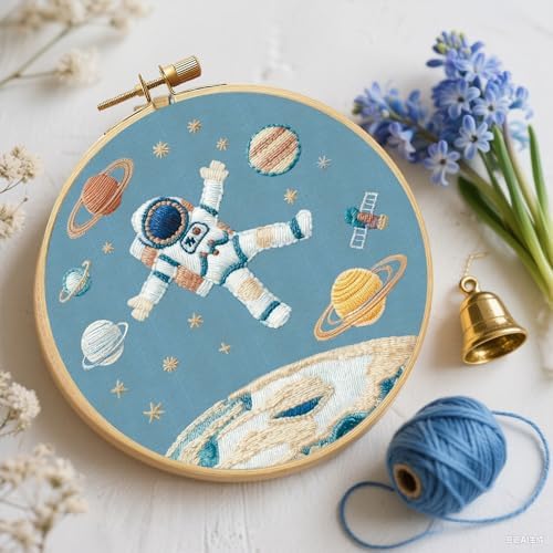 FREEBLOSS 4 Set Embroidery Kit for Beginners Adult Astronaut Stamped Embroidery Starter Kit with Instructions Needlepoint Accessories and Supplies for Stitch Craft, 2 Hoops 20cm/7.9inch
