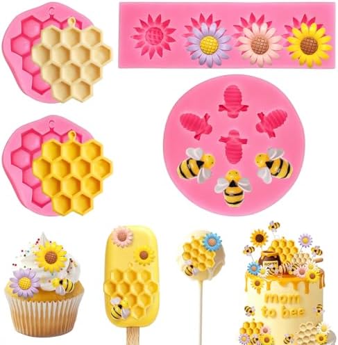 Bumble Bee Silicone Mold 4Pcs Honeycomb Sunflower Fondant Molds Beehive Candy Molds Honeybee Chocolate Mold for Chocolate Fondant Candy Cookies Cupcake Cake Sugar Dessert Ice Cube Soap Candle