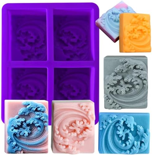 Ocean Wave Soap Molds, Square Sea Waves Silicone Mold 4-Cavity | Rectangular Wave Silicone Molds for Nautical Pattern DIY Homemade Soap Candle Making Lotion Cake Chocolate Pastry Pudding