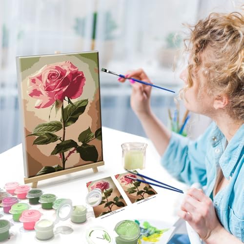 ATDMS Paint by Numbers Kit for Adults with Easel Flowers Paint by Number with Frame DIY Floral Paint by Number with Easel Adult Paint by Number Kits on Canvas Framed for Home Wall Decor 8x12 Inch