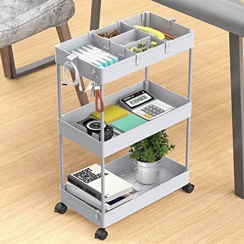 SPACELEAD 3 Tier Rolling Cart with Wheels, Storage Craft Art Trolley Organizer Serving, 3 Hanging Baskets Easy Assembly, for Office, Living Room, Kitchen, Gray