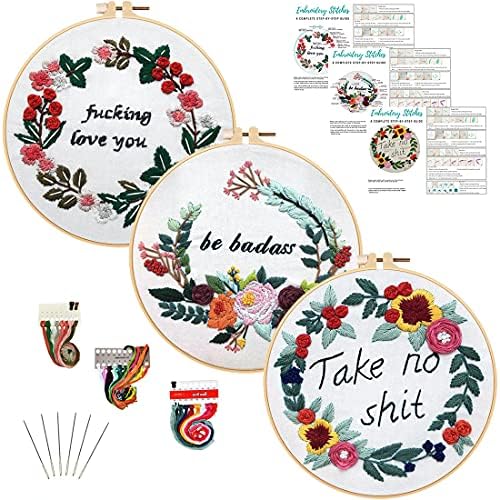 Louise Maelys 3 Pack Embroidery Kit for Beginners, Funny Quote Art