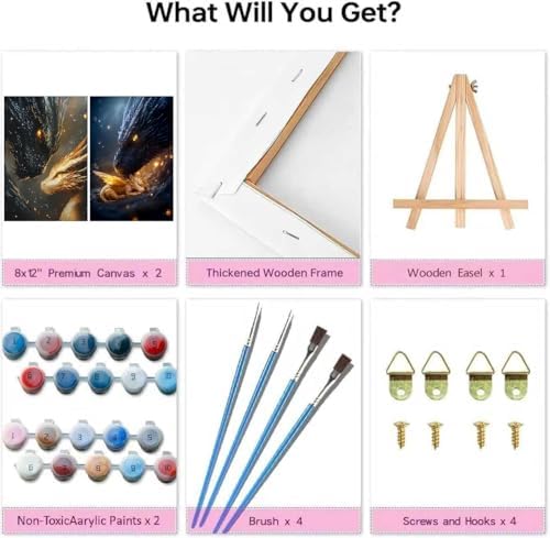 KYOQFVN 2 Pack Dragon Paint by Numbers Kit for Adults Beginner with Framed, Dragon Paint by Number Kits for Adults Beginner, DIY Painting by Number Kits for Home Wall Decor 8x12inch