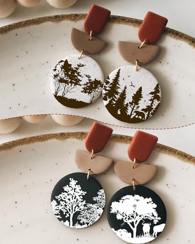 Puocaon Tree Clay Silk Screen - 6 Pcs Stencils for Polymer Jewelry, Forest Earrings Making, Pine Tree Design