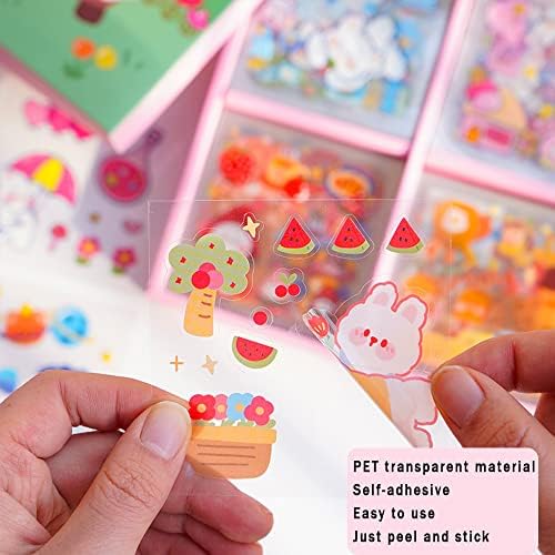 Kawaii Cartoon Rabbit Bear Stickers - EAMOTOL 800 PCS/100 Sheets Transparent PVC Cute Animals Bunny Sticker Kit for Scrapbooking Supplies Planner Clipping Bullet Junk Journals DIY Crafts Letter Cards