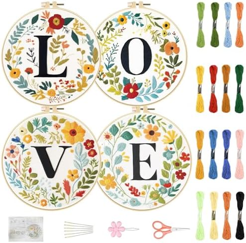 FREEBLOSS 4 Sets 11.6" Embroidery Kit for Beginners Needlepoint Embroidery Starter Kit with Flower Stamped Patterns, Instructions, Colored Threads, 2 Hoops