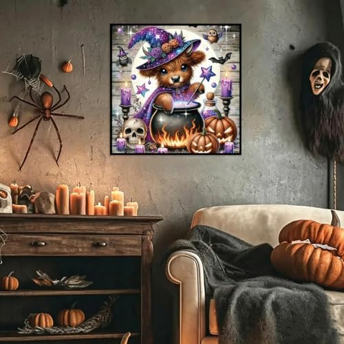 WNPOKN Halloween Highland Cow Diamond Art Kits for Adults 14x14inch