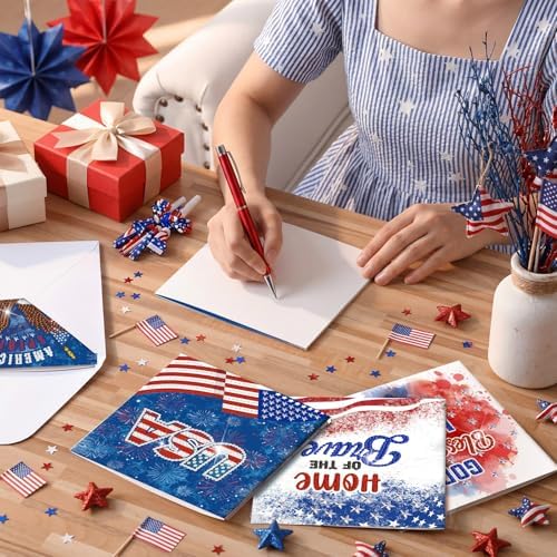 Saillong 12 Pack 4th of July Diamond Painting Greeting Card Kits Patriotic Diamond Art Cards with Envelopes Independence Day Red White Blue 5D Rhinestones Painting Making Kits for Adult DIY Craft Gift