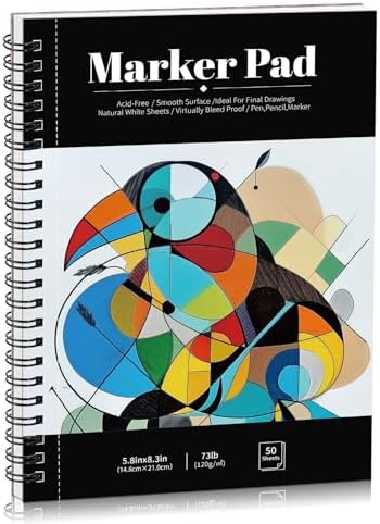 Marker Paper Pad 5.8 × 8.3 in, 50 Sheets, Spiral Bound, 120gsm | Bleed-Resistant, Acid-Free Paper, for Alcohol Markers & Mixed Media, Portable Sketchbook