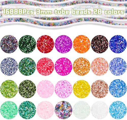 Tube Seed Beads Crafts Glass Bugle Beads Small Craft 3mm with for Jewelry Making Embroidery Decoration (28 Colors, 16800pcs)
