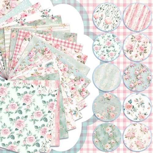 HunnmingRe 20 Pcs 10''x10'' Pink and Green Floral Quilting Fabric Squares